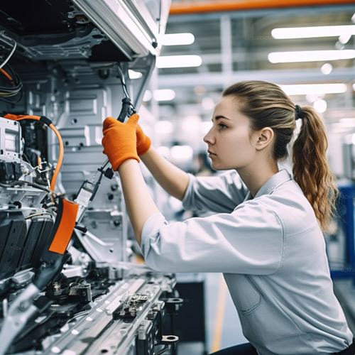 Female technician wearing safety gloves working on machinery inside an industrial production facility.
