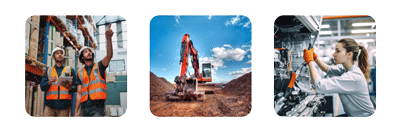 Collage showing an excavator on a construction site, a female technician working on industrial machinery, and a cruise ship docked in a harbor.