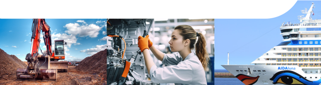 Collage showing an excavator on a construction site, a female technician working on industrial machinery, and a cruise ship docked in a harbor.